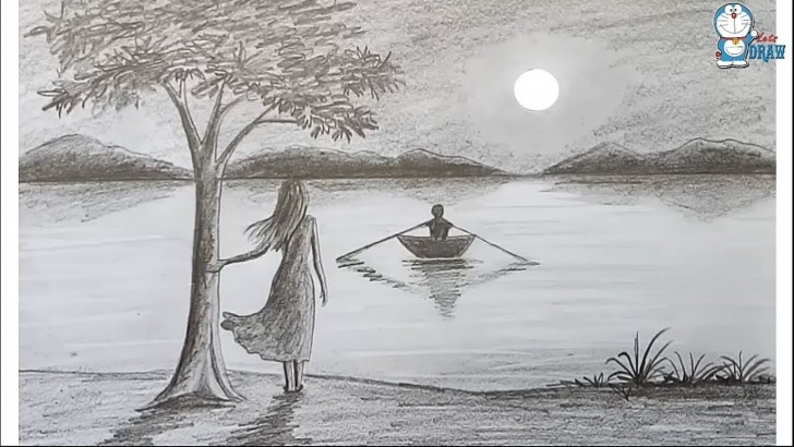 Awesome Beautiful Scenery Pencil Sketch Ideas How To Draw Scenery Of Moonlight Night By Pencil Sketch.. Step By Step Photo