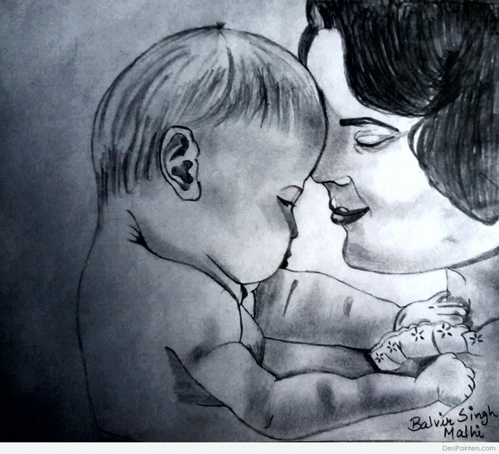 Best Mother And Son Pencil Drawing for Beginners Pencil Sketch Of Mom And Son Love | Desipainters Photos