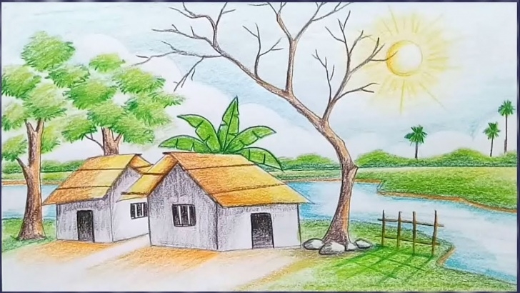 Best Scenery Drawing With Pencil Colour Tutorial How To Draw A Village Scenery Step By Step / Landscape Drawing Photo