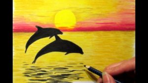 Fascinating Pencil Colour Drawings Easy Courses Landscape In Colored Pencil: Sunset And 2 Dolphins Drawing Nature Scenery Sky Sea Photo