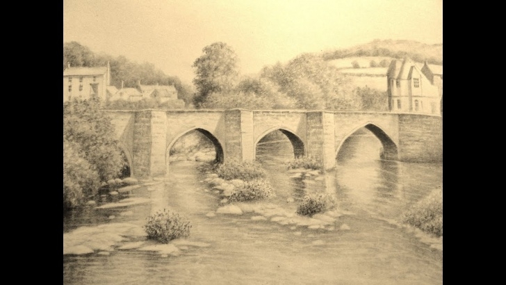 Fine Bridge Pencil Drawing Tutorial Landscape Graphite Pencil Drawing, Llangollen Bridge, Wales Pic