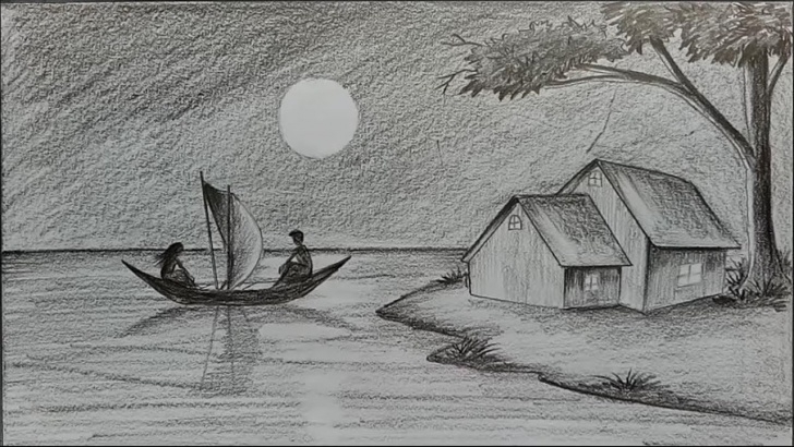 Fine Pencil Art Step By Step Techniques for Beginners How To Draw Moonlit Night With Pencil Step By Step Pic