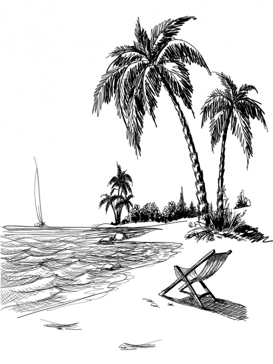 Good Beach Pencil Drawing for Beginners Beach Line Art Printed Photo Background / 7407 | Line Art | Beach Images