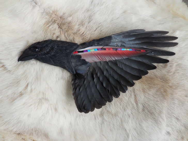 Good Fan Bird Carving Patterns Easy Raven Prayer Fan. Carved Wooden Handle, Crow/raven Wing, Macaw Image