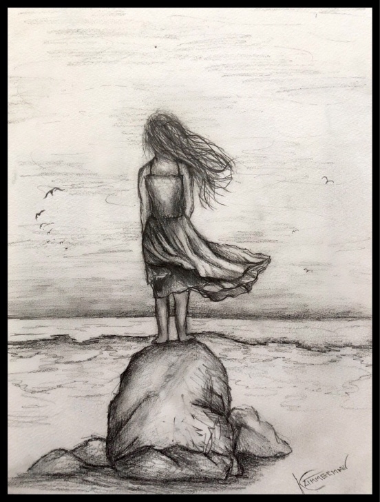 Inspiration Pencil Sketch Of A Girl Standing Courses An Easy Graphite Drawing Of A Girl Standing In The Ocean Breeze Image