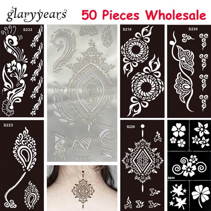 Interesting Rangoli Design Stencils Online Ideas Wholesale-50 Pieces Wholesale Medium Hollow Henna Tattoo Stencil Paste  Drawing Unisex Arm Waist Body Art Painting Tattoo Stencil Temporary Photo