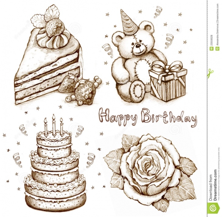 Learning Birthday Pencil Drawings Courses Set Of Birthday Illustrations Stock Illustration - Illustration Of Pic