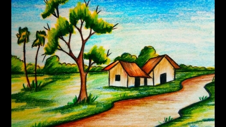 Most Inspiring Colour Shading Drawing Of Scenery Ideas How To Draw A Village Scenery Step By Step With Diamond Colour Pencil Picture