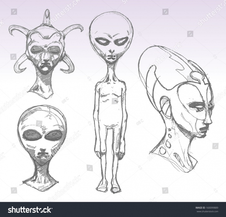 Nice Alien Pencil Drawing Courses Set Alien Portraits Pencil Drawing Sketch Stock Vector (Royalty Free Images