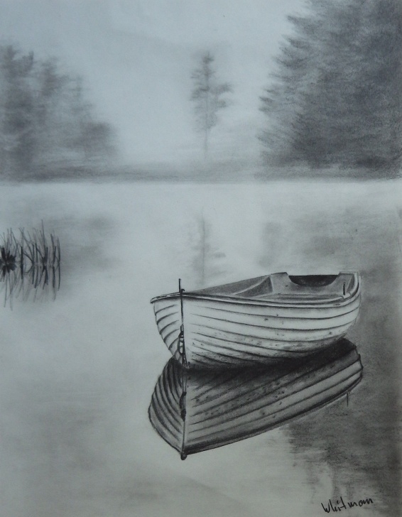 Popular Boat Pencil Sketch Easy Misty Row Boat Sketch, Water Reflections. Original Art, Graphite Picture