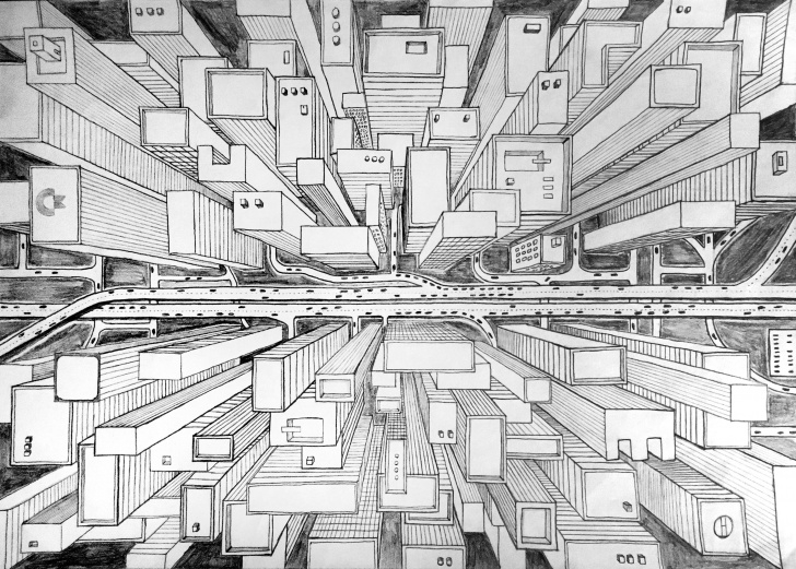 Remarkable City Pencil Drawing Simple Unknown City, Pencil Drawing, 8.27 × 11.7" (A4) : Art Picture