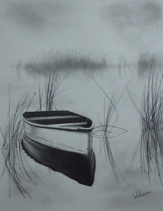 Remarkable Lake Pencil Drawing Techniques for Beginners Misty Row Boat On The Lake, Reflections, Sketch. Original Art Pics