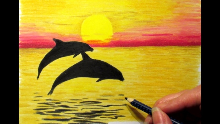 Stunning Sunset With Colored Pencils for Beginners Landscape In Colored Pencil: Sunset And 2 Dolphins Drawing Nature Scenery  Sky Sea Picture
